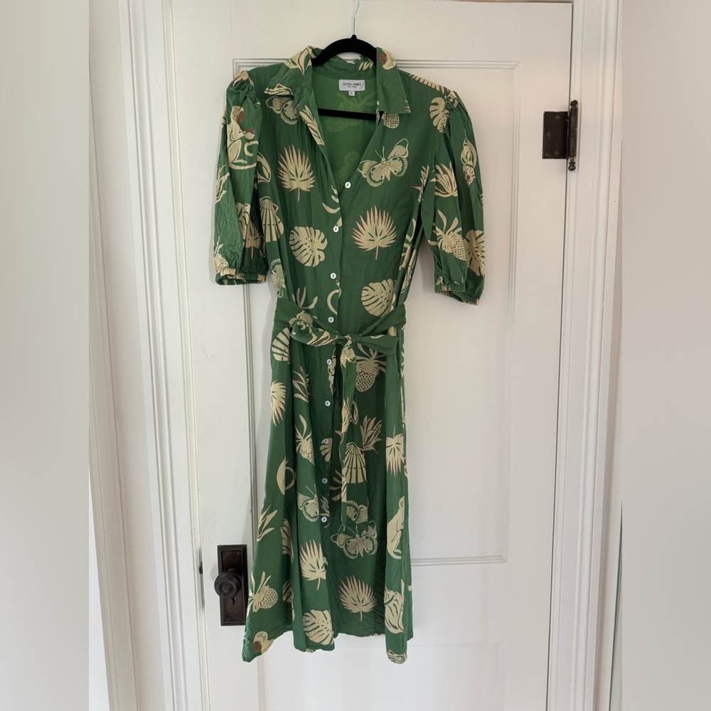 Green Tropical Print Midi Dress with Tie Waist